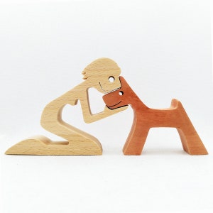 Woman with short hair and a dog,  handmade wooden art