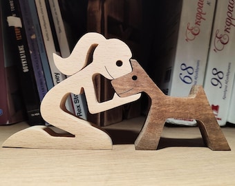 Woman and Dog Wooden Art – Pet Lover Gift – Handmade Wooden Figurine