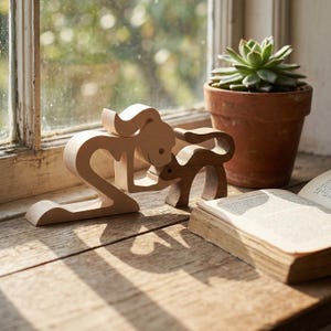 Handmade Wooden Woman and Cat Figurine, Walnut Beech Wood Art, Pet Memorial Gift,