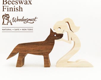 Femme et chien de berger allemand - Cadeau pour amoureux des animaux de compagnie - Figurine en bois faite main