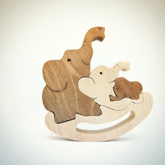 Rompecabezas de familia de elefantes de madera hecho a mano: Figura de haya  y nogal