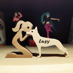 Woman and Belgian Malinois Wooden Sculpture – Handmade Dog Lover Decor, Beech & Walnut Wood Figurine