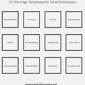 Pode incluir: Um conjunto de documentos digitais intitulado UK & Ireland SME Health and Safety Compliance Pack, com 12 modelos de uma página para pequenas empresas. A grade inclui Daily H&S Checks, Fire Safety, First Aid, Risk Assessment, COSHH, Manual handling, Accident Log, Visitor Sign-In, Contractor Safety, Electrical Safety, Food Safety e Emergency Prep.