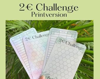 May include: Three printable 2 Euro challenge trackers. One tracker is a grid of circles, another is a list with columns for date, amount, and total, and the last is a grid of circles with a watercolor background.