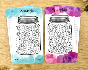 May include: Two printable money jar trackers with watercolor backgrounds. The jars are outlined in black and filled with euro symbols. The text "Sparglas" is at the top of each tracker. The text "Ziel =" is at the bottom of each tracker.