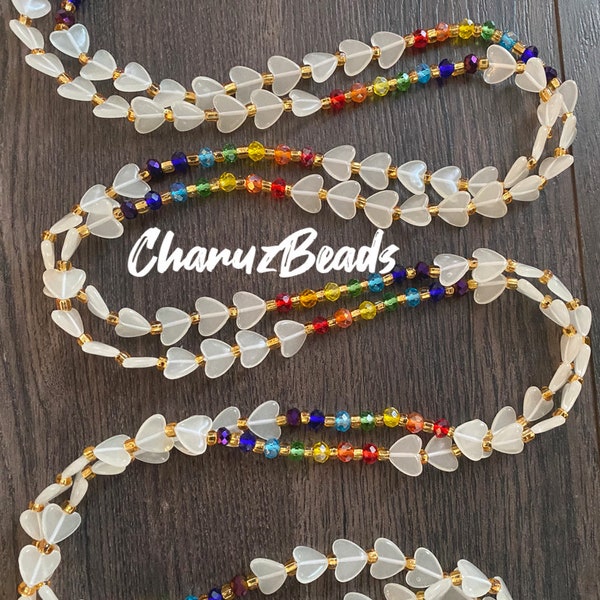 Glow-in-Dark Hearts W/Chakra Crystals/Seven Colored Crystals/Crystal Beads/Waist Beads/Light off Beads/Party Beads/Waist Beads With Crystals