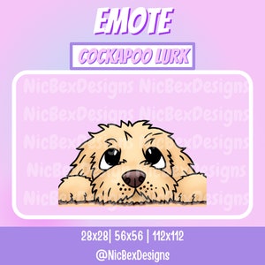 May include: A cartoon illustration of a light brown cockapoo dog peeking over a surface with a light pink background. The dog has large, dark eyes and a black nose. The text "EMOTE COCKAPOO LURK" is above the dog. The text "28x28 | 56x56 | 112x112" and "@NicBexDesigns" are below the dog.