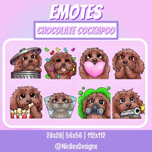 Könnte beinhalten: Satz von neun digitalen Emoticons mit einem braunen und weißen Cockapoo-Hund mit verschiedenen Ausdrücken. Der Hund ist dargestellt, wie er Konfetti wirft, ein Herz hält, sich den Mund zuhält, Popcorn isst, eine Duschhaube trägt, eine Gasmaske trägt, eine Pistole hält und in einen Mülleimer schaut.