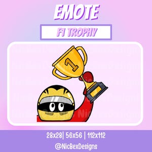 May include: A cartoon illustration of a race car driver wearing a yellow helmet and red racing suit holding a gold trophy with the number 1 on it. The text "EMOTE" and "F1 TROPHY" are above the image. The text "28x28 | 56x56 | 112x112" and "@NicBexDesigns" are below the image.