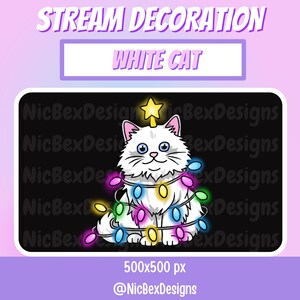 May include: A digital illustration of a white cat decorated with colorful Christmas lights and a star on its head. The image is labeled "STREAM DECORATION" and "WHITE CAT". The image is 500x500 px and has the @NicBexDesigns watermark.
