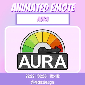 Könnte beinhalten: Animierte Emote-Grafik mit dem Wort "AURA" in weißer Schrift auf einem schwarzen Rechteck. Die Grafik enthält ein Messgerät mit grünen, gelben und roten Abschnitten und einen schwarzen Pfeil. Der Hintergrund ist ein Farbverlauf aus Rosa und Lila.