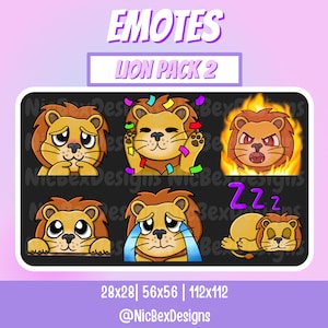 May include: Set of six animated lion emotes in various expressions, including happy, sad, angry, sleepy, and surprised. The emotes are designed in a cartoon style with bright colors and are perfect for use on Twitch, Discord, or other online platforms. The emotes are available in three sizes: 28x28, 56x56, and 112x112. The text "EMOTES LION PACK 2" is displayed at the top of the image.