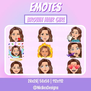 Brown Hair Girl Twitch Emotes / Bit badges / Streamer / Youtube / Sub Badges / Girl Emotes / Girl Streamer Emotes / Emote Pack / Chibi Girl