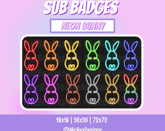 Könnte beinhalten: Ein Set mit 12 Neon-Kaninchen-Sub-Badges in verschiedenen Farben, darunter Rot, Orange, Gelb, Grün, Blau, Lila, Pink und Weiß. Die Badges haben eine Größe von 18x18, 36x36 und 72x72 Pixel. Der Text "NEON BUNNY" befindet sich oben im Bild. Der Text "SUB BADGES" befindet sich oben im Bild. Der Text "@NicBexDesigns" befindet sich unten im Bild.