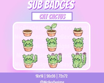 May include: Set of six digital cat cactus sub badges in various stages of growth. The badges are in a cartoon style with a green cactus and a brown pot. The text "SUB BADGES" and "CAT CACTUS" is at the top of the image. The text "18x18 | 36x36 | 72x72" and "@NicBexDesigns" is at the bottom of the image.