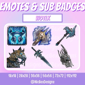 Peut inclure: Un ensemble de six illustrations numériques d'armes et d'armures fantastiques de différentes tailles, allant de 18x18 pixels à 112x112 pixels. Les images sont dans un schéma de couleurs bleu et argent et présentent un crâne, une épée, une hache et un casque. Le texte "WOTLK" est affiché au-dessus des images, et le texte "@NicBexDesigns" est affiché en dessous des images.