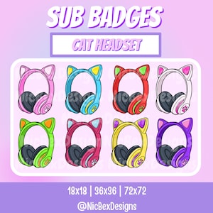 Cat Ear Headphones Twitch Sub Badges / Bit badges / Youtube / Cheer Badges / Subscriber Badges / Cat Headset Sub Badges / Kitty Headset image 1