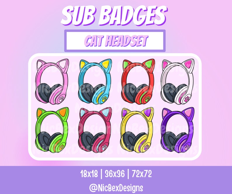 Cat Ear Headphones Twitch Sub Badges / Bit badges / Youtube / Cheer Badges / Subscriber Badges / Cat Headset Sub Badges / Kitty Headset image 1