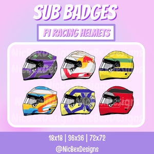 May include: Six different F1 racing helmet designs, each with a unique color scheme and flag pattern. The helmets are arranged in two rows of three, with the text "SUB BADGES" and "F1 RACING HELMETS" above them. The text "18x18 | 36x36 | 72x72" and "@NicBexDesigns" are below the helmets.