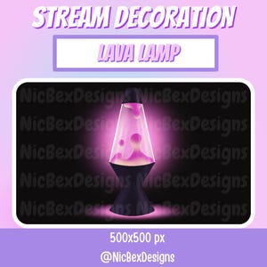 Op de afbeelding: Een roze lava lamp met een zwarte basis, die gloeit tegen een zwarte achtergrond met de tekst "NicBexDesigns" die wordt herhaald. De afbeelding is 500 pixels bij 500 pixels en bevat de tekst "STREAM DECORATION" en "LAVA LAMP".