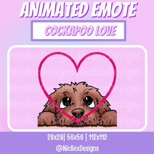 Pode incluir: Emoticon animado de um cão cockapoo castanho espreitando por cima de um coração rosa. O cão tem olhos castanhos grandes e um nariz rosa. O texto "COCKAPOO LOVE" está acima do cão e "28x28 | 56x56 | 112x112 @NicBexDesigns" está abaixo do cão.