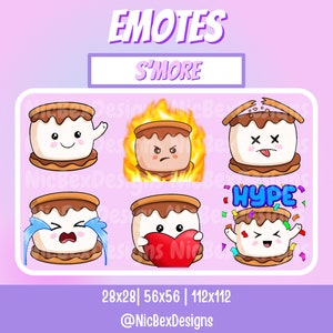 May include: Set of six animated s'more emojis with different expressions, including happy, angry, sad, surprised, and excited. The emojis are in various sizes, 28x28, 56x56, and 112x112 pixels. The text "EMOTES" and "S'MORE" are at the top of the image. The text "@NicBexDesigns" is at the bottom of the image.
