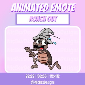 May include: Animated emote of a brown cockroach wearing a gray wizard hat with a surprised expression. The text "ROACH OUT" is above the image. The image is available in three sizes: 28x28, 56x56, and 112x112. The text "@NicBexDesigns" is below the image.