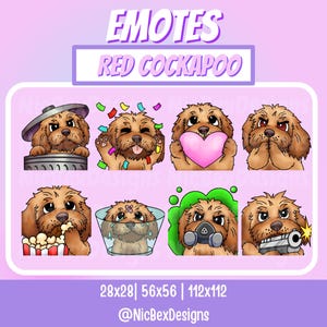 Könnte beinhalten: Ein Satz von acht roten Cockapoo-Hunde-Emojis in verschiedenen Posen, darunter Konfetti werfen, ein Herz halten, Popcorn essen, eine Gasmaske tragen und eine Waffe halten. Die Emojis sind in einem Rasterformat angeordnet, mit dem Text "EMOTES RED COCKAPOO" oben und "28x28 | 56x56 | 112x112 @NicBexDesigns" unten.
