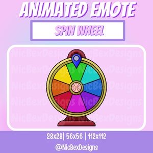 Peut inclure: Emoji animé d'une roue de la fortune colorée avec un schéma de couleurs rouge, jaune, vert, bleu, violet, orange et rose. La roue a une jante dorée et une base rouge. Le texte "SPIN WHEEL" est au-dessus de la roue. Le texte "28x28 | 56x56 | 112x112" et "@NicBexDesigns" sont en dessous de la roue.