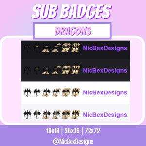 Puede incluir: Gr&aacute;fico digital que muestra "SUB BADGES" con la palabra "DRAGONS" en una pancarta morada. La imagen muestra insignias con tem&aacute;tica de dragones en tama&ntilde;os de 18x18, 36x36 y 72x72 p&iacute;xeles. El nombre del creador, "NicBexDesigns", tambi&eacute;n est&aacute; incluido.