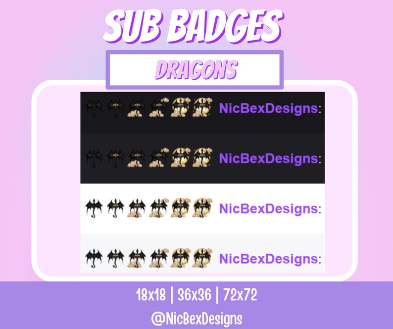 Puede incluir: Gr&aacute;fico digital que muestra "SUB BADGES" con la palabra "DRAGONS" en una pancarta morada. La imagen muestra insignias con tem&aacute;tica de dragones en tama&ntilde;os de 18x18, 36x36 y 72x72 p&iacute;xeles. El nombre del creador, "NicBexDesigns", tambi&eacute;n est&aacute; incluido.