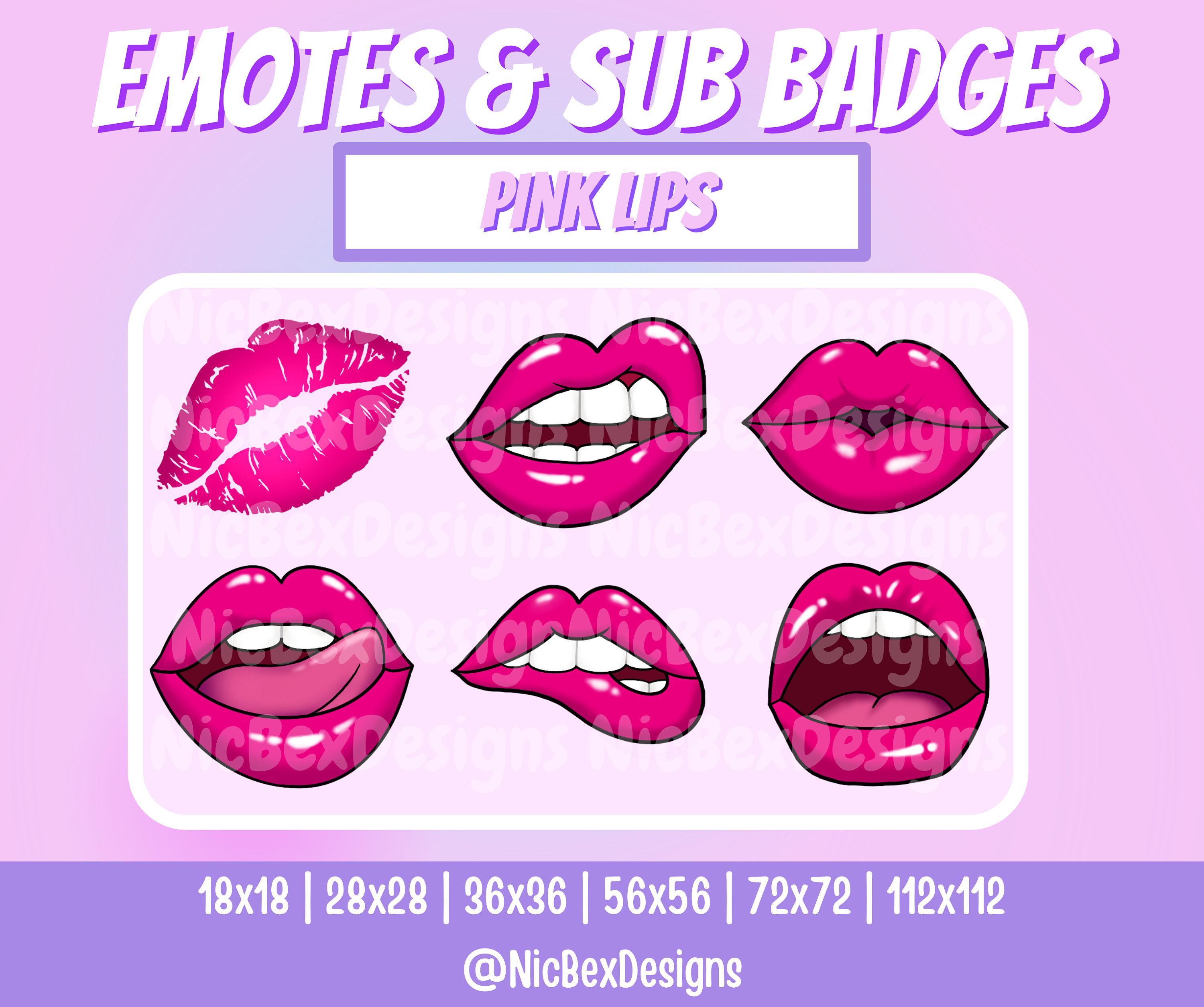 Pink Lips Twitch Sub Badges & Emotes / Bit Badges / Youtube / Etsy