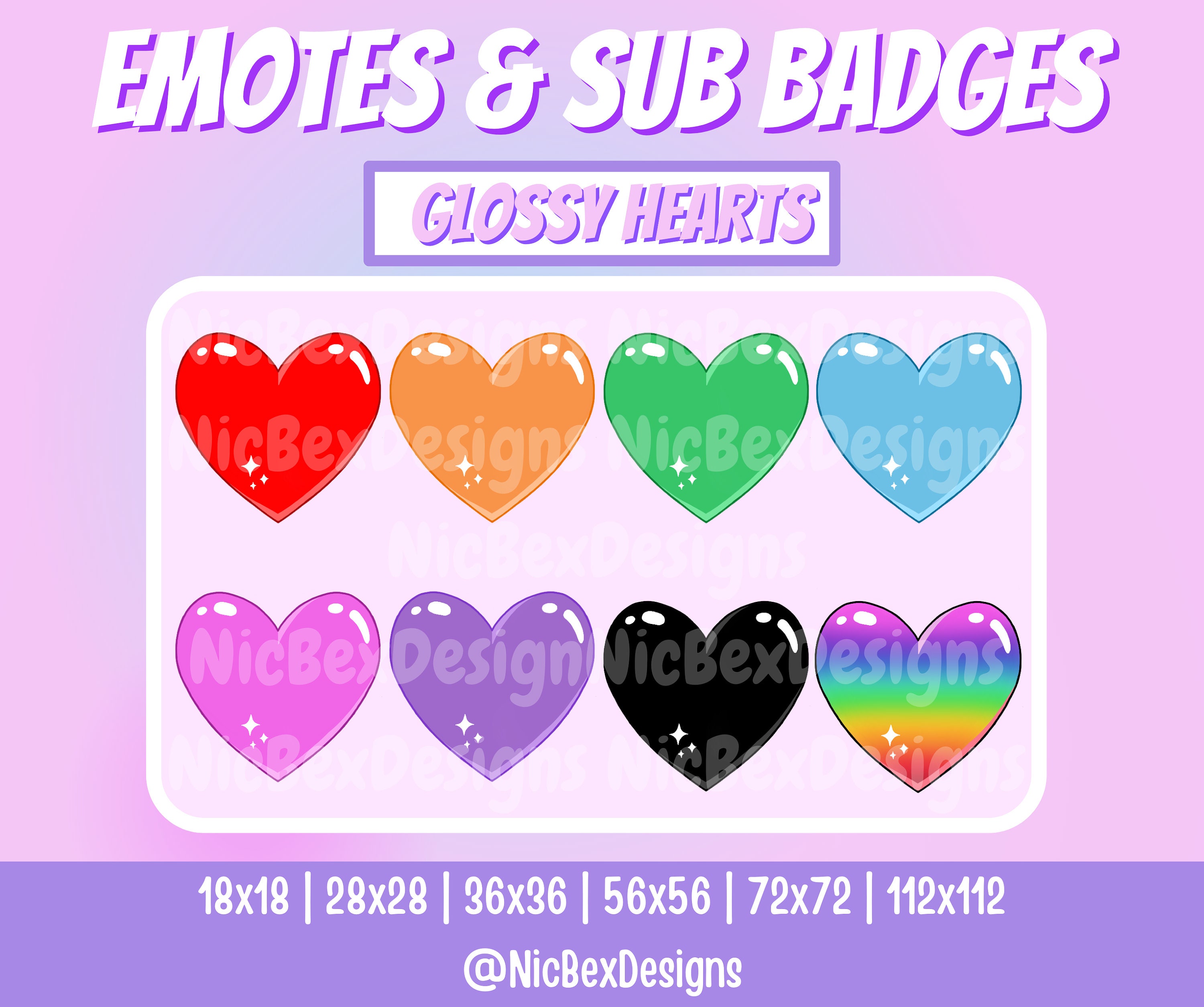 Heart Sub Badges - 6 x Shiny Twitch Sub Badges with Photoshop Files