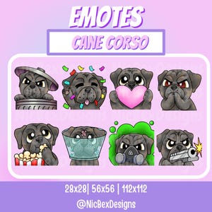 May include: A collection of digital emotes featuring a cartoon Cane Corso dog in various expressions. The emotes include the dog in a trash can, with confetti, holding a heart, and with a gas mask. The text "EMOTES CANE CORSO" is at the top.
