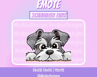 May include: A cartoon illustration of a gray and white miniature schnauzer dog peeking out from behind a white surface. The dog has a black nose and brown eyes. The text "EMOTE SCHNAUZER LURK" is above the dog. The text "28x28 | 56x56 | 112x112" is below the dog. The text "@NicBexDesigns" is below the text.