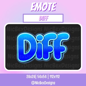 Puede incluir: Emoticono de texto "Diff" azul y blanco con un efecto de brillo de neón. El emoticono está sobre un fondo negro con el texto "NicBexDesigns" repetido alrededor de los bordes. El texto "28x28 | 56x56 | 112x112" y "@NicBexDesigns" están debajo del emoticono.