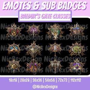Puede incluir: Un conjunto de 12 insignias digitales que representan diferentes clases del videojuego Baldur's Gate. Las insignias son de forma circular con un borde dorado y un fondo negro. Las insignias están diseñadas para ser utilizadas como emoticonos de Twitch o insignias de suscripción.