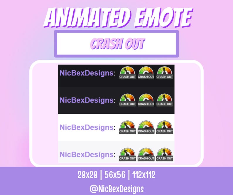 Pode incluir: Design de emote animado com o texto "CRASH OUT". O design apresenta um gr&aacute;fico de veloc&iacute;metro com o texto "CRASH OUT" e o nome "NicBexDesigns". A imagem inclui tr&ecirc;s tamanhos diferentes: 28x28, 56x56 e 112x112.