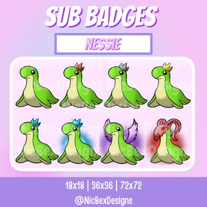 May include: A set of eight digital badges featuring a green cartoon Nessie monster in various poses. The badges are in different sizes: 18x18, 36x36, and 72x72 pixels. The text "NESSIE" is at the top of the image, and the text "@NicBexDesigns" is at the bottom.