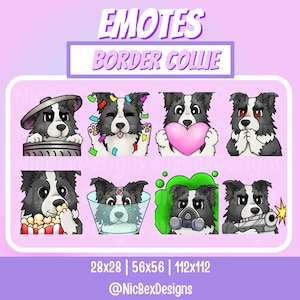 May include: Eight digital emotes featuring a Border Collie dog in various poses. The emotes include the dog in a bin, with confetti, holding a heart, and more. The text "EMOTES BORDER COLLIE" is at the top. Measurements are 28x28, 56x56, and 112x112.
