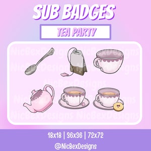 May include: A set of five pink and white tea party themed Twitch sub badges. The badges include a teapot, a teacup, a tea bag, a spoon, and a teacup with a biscuit. The text "SUB BADGES" and "TEA PARTY" are at the top of the image. The text "18x18 | 36x36 | 72x72" and "@NicBexDesigns" are at the bottom of the image.