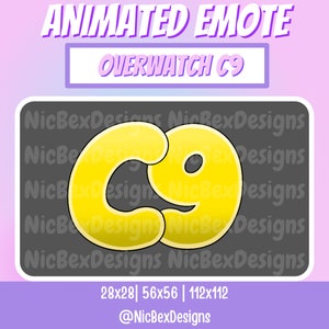 May include: Animated Overwatch emote featuring the letters "C9" in a yellow, bubbly font on a grey background. The emote is available in three sizes: 28x28, 56x56, and 112x112 pixels. The text "@NicBexDesigns" is also included.