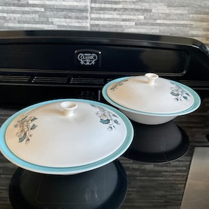 May include: Two white ceramic serving dishes with blue trim and floral designs. The dishes are on a black stovetop.