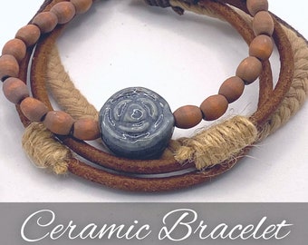 Urban Bracelet Wood, Suede, and Twine Blue Gray Ceramic Jewelry