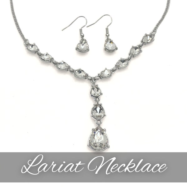 Y Lariat Necklace with Crystals in Silver