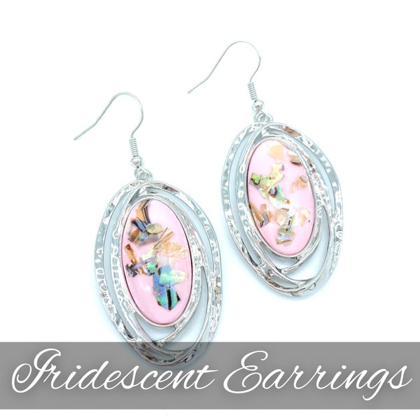 Light Pink Artsy Earrings Iridescent Jewelry in Silver Dangle with Specks of Shell