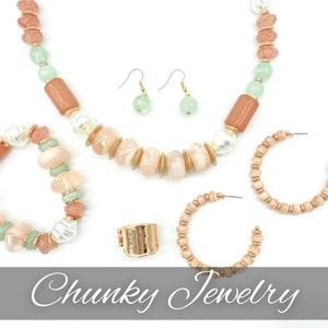 May include: A set of chunky jewelry featuring a necklace, bracelet, earrings, and a ring. The jewelry is made of peach, white, and green beads with gold accents. The text "Chunky Jewelry" is displayed at the bottom of the image.