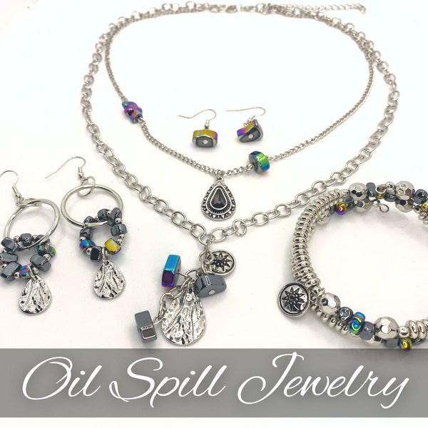 Oil Spill Edgy Necklace, Cool Coil Memory Wire Bracelet, and Matching Multicolor Funky Earrings, Jewelry Set