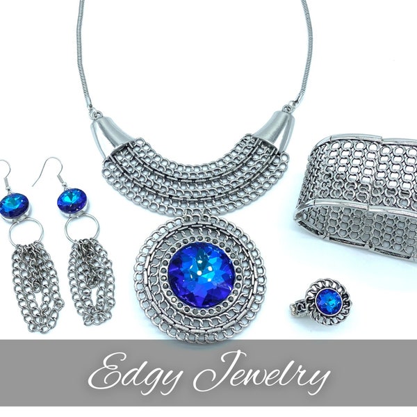 Edgy Jewelry, Chain Earrings, Cool Necklace, Stretch Metal Bracelet Bangle, and Blue Gem Stretch Ring in Silver