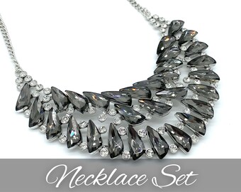 Statement Curved Bib Necklace Set with Smoky Gems, Jewelry Set with Fancy Earrings - Perceptive Zi Necklace Thinking of You Gift For Her